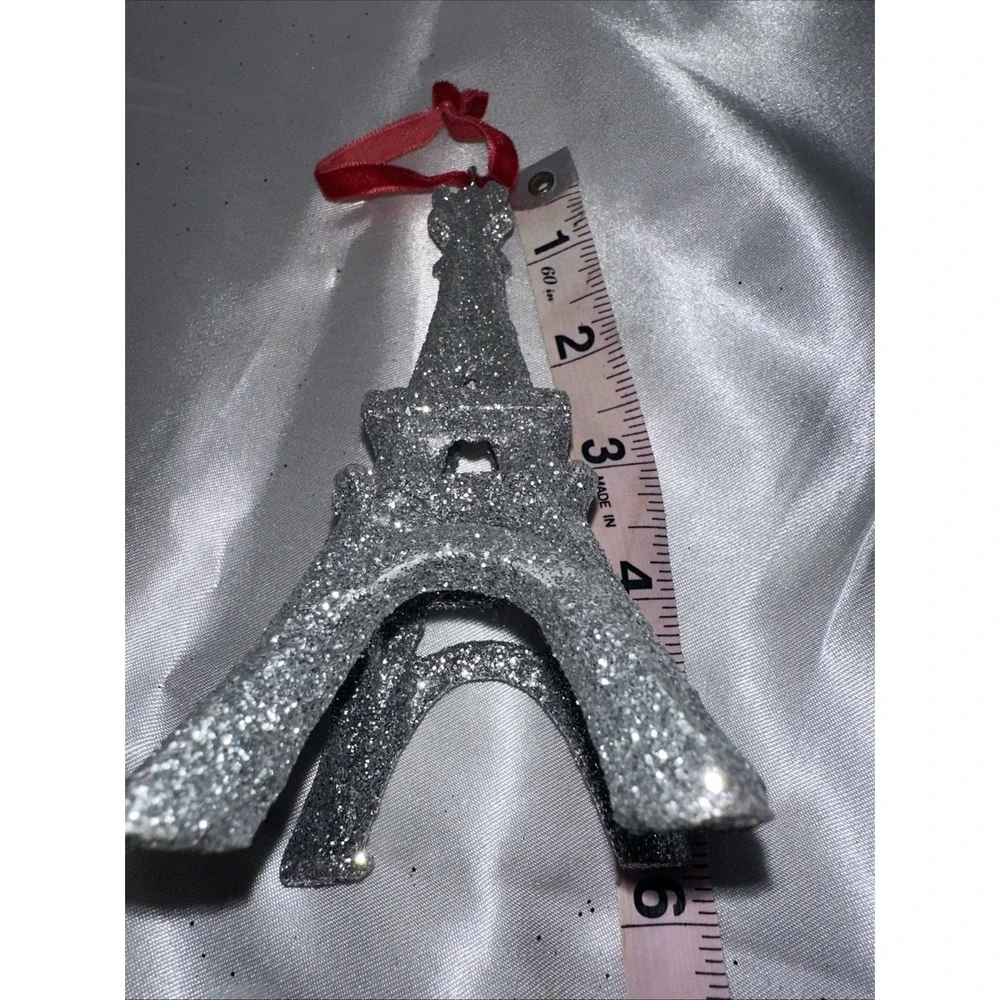 Silver Glitter Eiffel Tower Christmas Ornament Paris France Red Velvet Ribbon